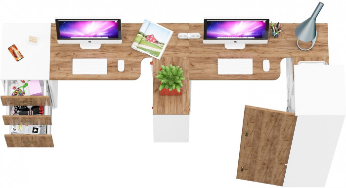 Лидер-8 Стол + Стол + Пенал МД 22Б + Тумба МД 3.16, цвет белый шагрень/крафт золото, ШхГхВ 410х50/37,5х75/190 или 270х120/50х75/190 см., НЕ ун. сб.