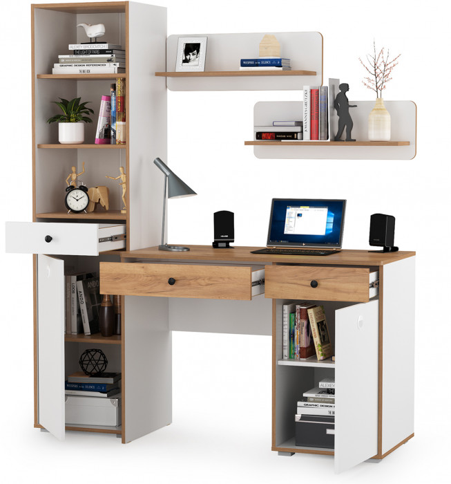 Вуди Компоновка № 04, цвет белый премиум/дуб крафт золотой, ШхГхВ 155х52,7х180,3 см., универсальная сборка