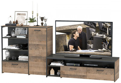 Трувор 13.70 Тумба под ТВ + 13.307.01 Комод, цвет дуб гранж песочный/интра, ШхГхВ 258,8х45,4х106,9 см., универсальная сборка