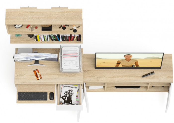 Мори компьютерный стол МС-1 правый + Тумба МТВ1200.1 + Полка 900, дуб сонома/белый