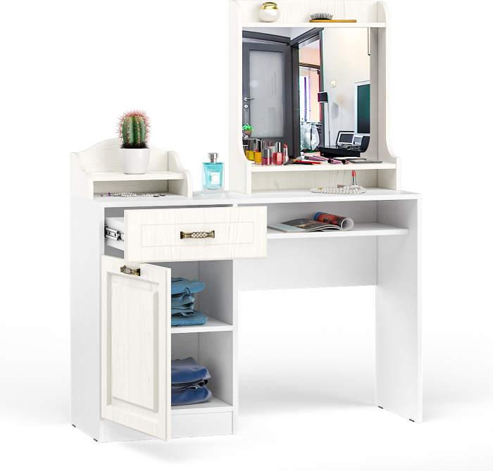 Ливерпуль Стол туалетный 12.46 + Полка 10.118 + Полка 10.117, цвет ясень ваниль/белый, ШхГхВ 119,8х41,3х152,3 см., НЕ универсальная сборка