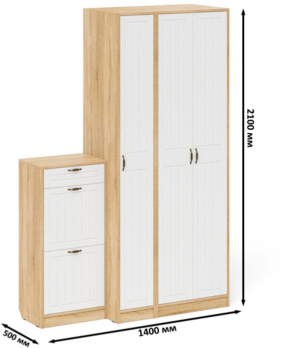 Прихожая П-6 Компоновка № 48, дуб сонома/фасады МДФ белое дерево фрезеровка прованс