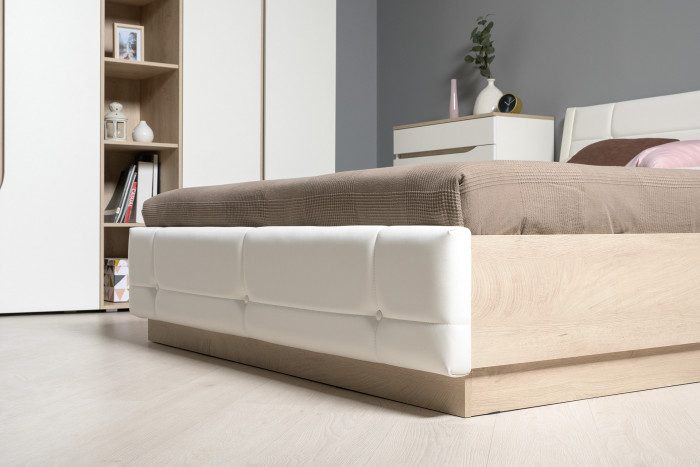 Муссон Кровать 11.28 + подъёмный ортопед + Бостон 12.69 + Зеркало СВК, цвет белый/дуб эндгрейн элегантный/кожзам белый, сп. м. 1600х2000 мм., б/м