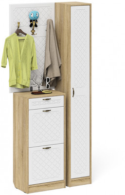 Прихожая П-6 Компоновка № 24, цвет дуб сонома/фасады МДФ белое дерево фрезеровка ромб, ШхГхВ 90х35х210 см., универсальная сборка