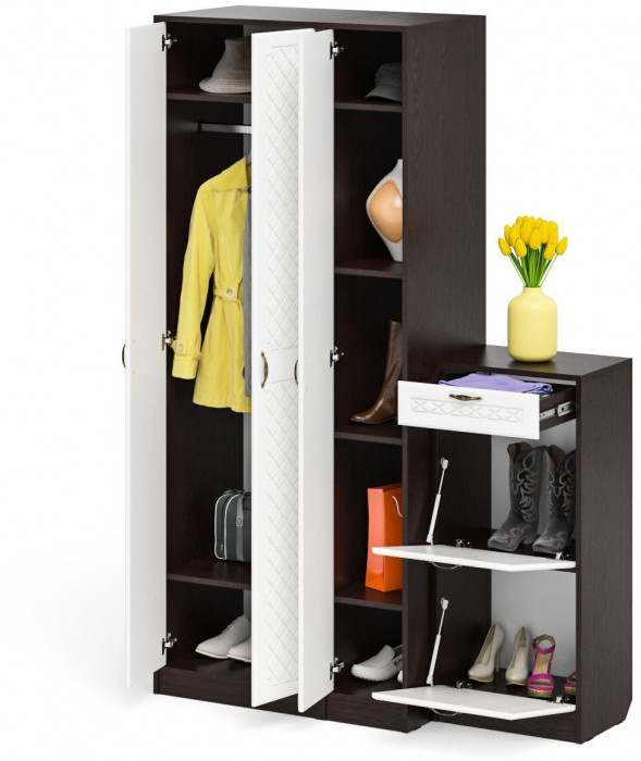 Прихожая П-6 Компоновка № 48, цвет венге/фасады МДФ белое дерево фрезеровка ромб, ШхГхВ 140х50х210 см., универсальная сборка