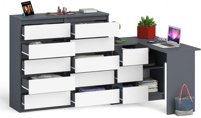 Мори компьютерный стол МС-16 левый + Комод МК1200.10, графит/белый