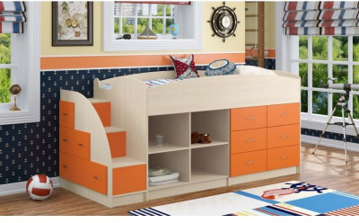 Кровать-чердак Дюймовочка-4.1, Дуб молочный / Оранжевый