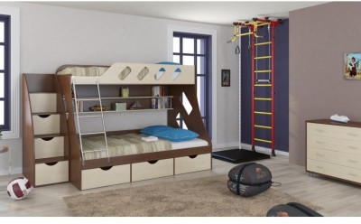 Детская двухъярусная кровать Дельта 20.01+23.02+25 (Голубой, Дуб Сонома)