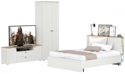 Остин 11.53 Кровать + ортопед + 13.224 Шкаф + 16.47 Тумба под ТВ, белый шагрень/дуб крафт золотой