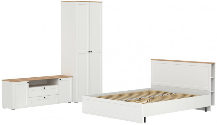 Остин 11.53 Кровать + ортопед + 13.224 Шкаф + 16.47 Тумба под ТВ, белый шагрень/дуб крафт золотой