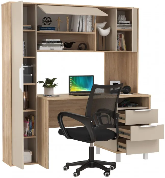 Стол компьютерный Комфорт 12.95N + кресло 103 чёрное, цвет дуб сонома/сатин, ШхГхВ 162х60,3х180 см., НЕ универсальная сборка