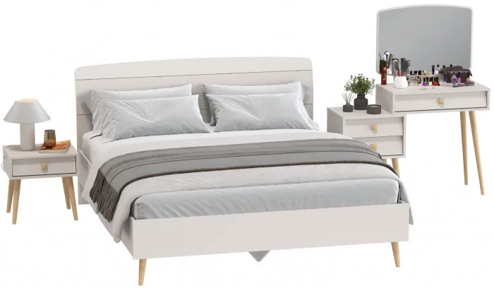 Афина Спальня Кровать 1600 + Трюмо + Тумба, цвет кашемир серый, ШхГхВ 164,6х210,2х95,6 + 105х38,6х129 + 45х37х45 см., 1600х2000 мм., б/м, осн. есть