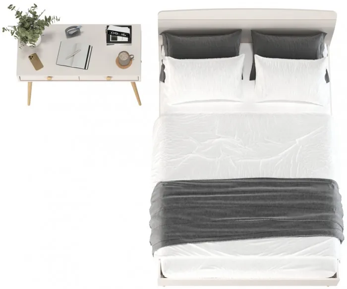 Афина Спальня Кровать 1400 + Стол, цвет кашемир серый, ШхГхВ 144,6х210,2х95,7 + 100х45х76 см., сп.м. 1400х2000 мм., б/м, основание есть