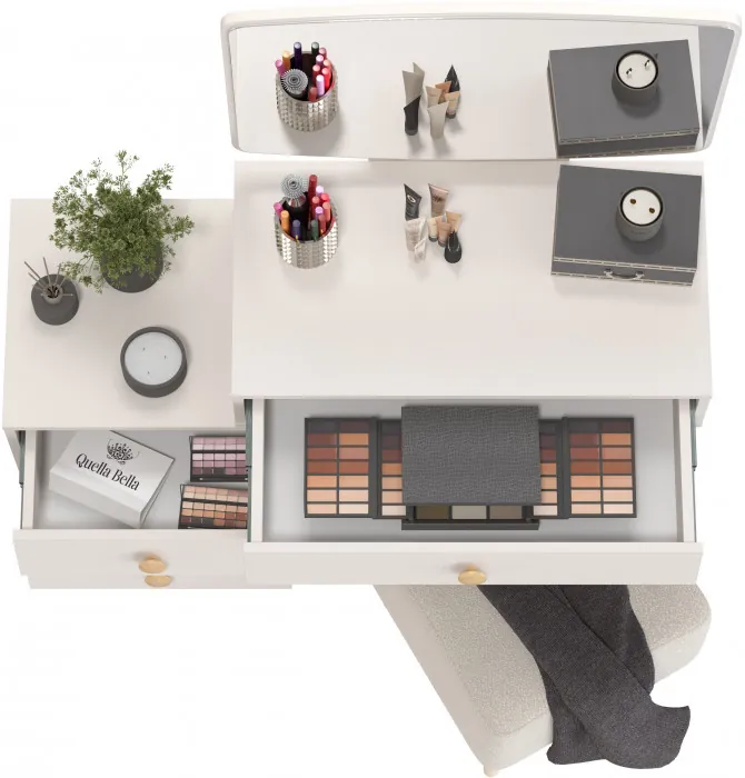 Афина Спальня 4-25901М1к.с. Трюмо + Банкетка 6-5133ТКВмол Куби, цвет кашемир серый/ткань молоко, ШхГхВ 105х38,6х129 + 41х41х45 см., универс. сб.