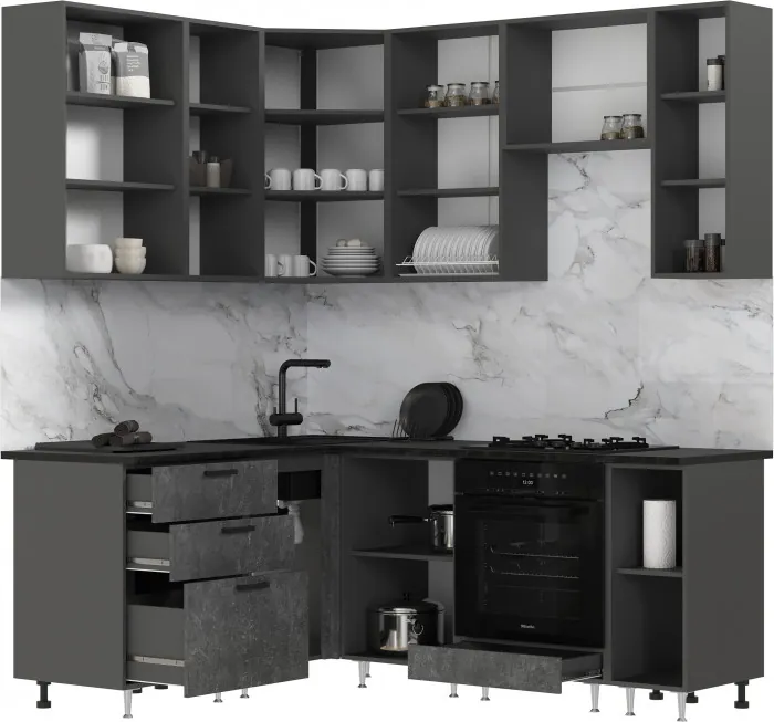 Кухня Рио NEW ЛДСП 1,6х2,0/900м (490), Компановка №2, Бетон светлый/Бетон темный, Графит