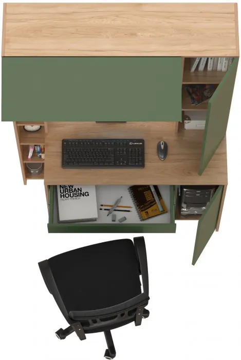 Стол компьютерный Комфорт 12.71 + кресло 103 чёрное, цвет гикори рокфорд натуральный/дымчатый зелёный, ШхГхВ 116,7х60,2х165,4 см., НЕ ун. сборка