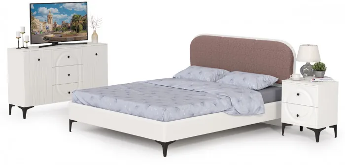 Валенсия Спальня № 04, цвет ЛДСП белый шагрень/МДФ белый шагрень/ткань велутто 19, ортопед есть, сп. м. 1600х2000 мм., б/м