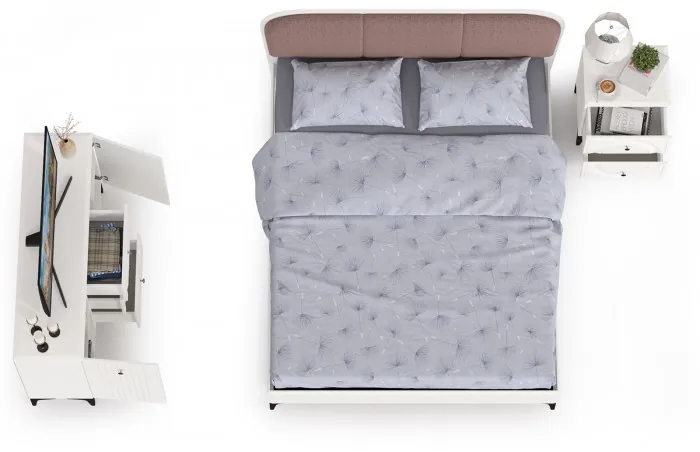 Валенсия Спальня № 04, цвет ЛДСП белый шагрень/МДФ белый шагрень/ткань велутто 19, ортопед есть, сп. м. 1600х2000 мм., б/м