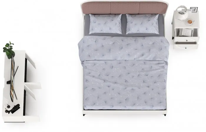 Валенсия Спальня № 12, цвет ЛДСП белый шагрень/чёрный/МДФ белый шагрень/ткань велутто 19, ортопед есть, сп. м. 1600х2000 мм., б/м