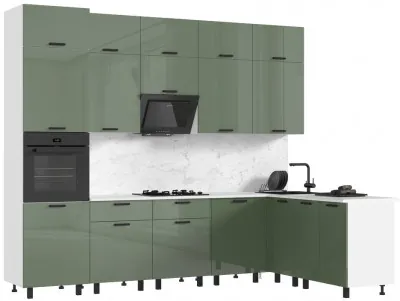 Кухня Техно 3,0х1,8/1080м Компоновка №6, Белый/Олива глянец