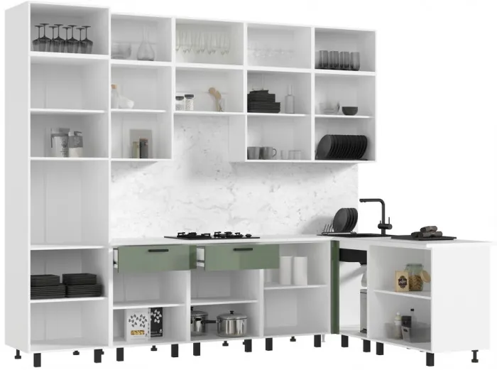 Кухня Техно 3,0х1,8/1080м Компоновка №6, Белый/Олива глянец