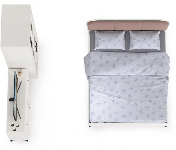Валенсия Спальня № 18, цвет ЛДСП белый шагрень/МДФ белый шагрень/ткань велутто 19, ортопед есть, сп. м. 1600х2000 мм., б/м
