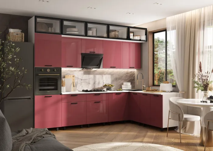 Кухня Техно 3,0х1,8/1080м Компоновка №8, Белый/Марсала глянец