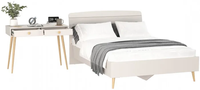 Афина Спальня Кровать 1400 + Стол, цвет кашемир серый, ШхГхВ 144,6х210,2х95,7 + 100х45х76 см., сп.м. 1400х2000 мм., б/м, основание есть