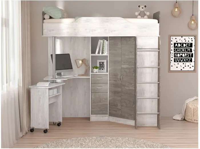 Кровать-чердак Бриз-1 80х190 (Бетон Светлый / Белый Глянец)