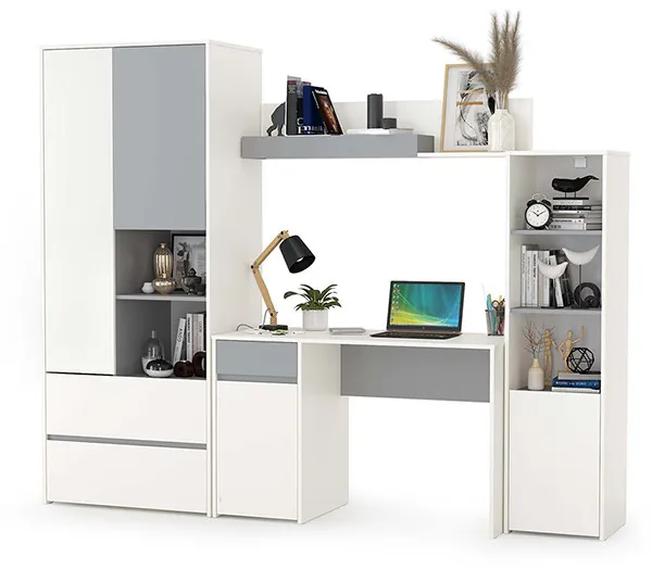 Торонто Компоновка № 04, цвет белый шагрень/стальной серый, ШхГхВ 240х53,1х195,7 см., универсальная сборка