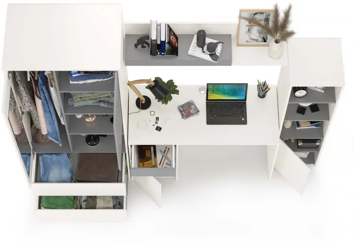 Торонто Компоновка № 04, цвет белый шагрень/стальной серый, ШхГхВ 240х53,1х195,7 см., универсальная сборка