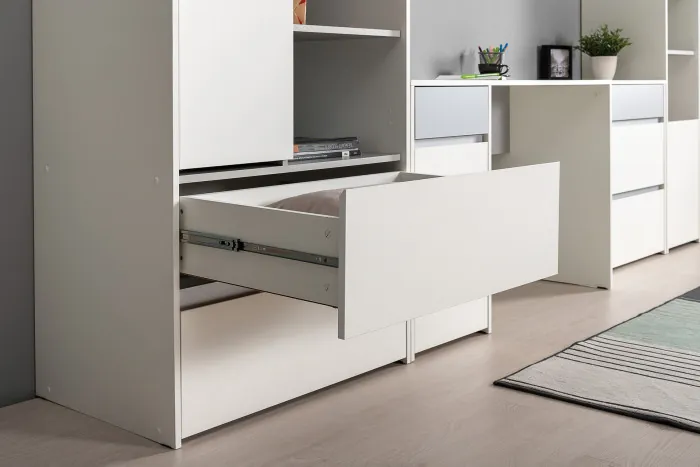 Торонто Компоновка № 04, цвет белый шагрень/стальной серый, ШхГхВ 240х53,1х195,7 см., универсальная сборка