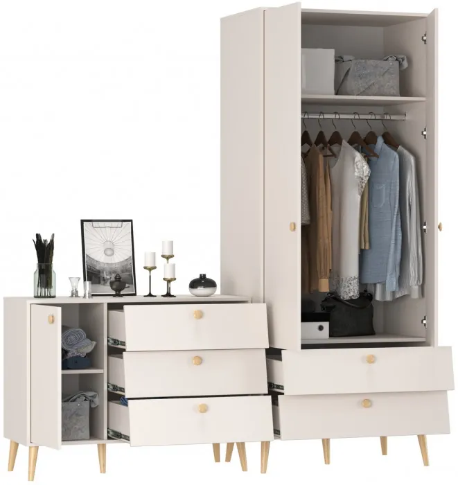 Афина Спальня Шкаф 2-х дверный + Комод с дверкой и тремя ящиками, цвет кашемир серый, ШхГхВ 90,3х56,3х220 + 110х45,3х83 см., универсальная сборка