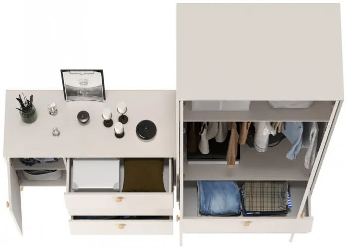 Афина Спальня Шкаф 2-х дверный + Комод с дверкой и тремя ящиками, цвет кашемир серый, ШхГхВ 90,3х56,3х220 + 110х45,3х83 см., универсальная сборка