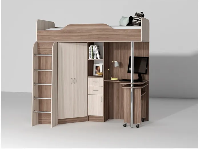 Кровать-чердак Бриз-1 80х190 (Дуб Крафт Золотой / Камень Темный)