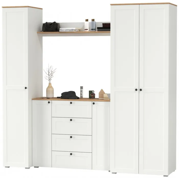 Остин Прихожая 75, цвет белый шагрень/дуб крафт золотой, ШхГхВ 240х54,3х229,6 см., универсальная сборка