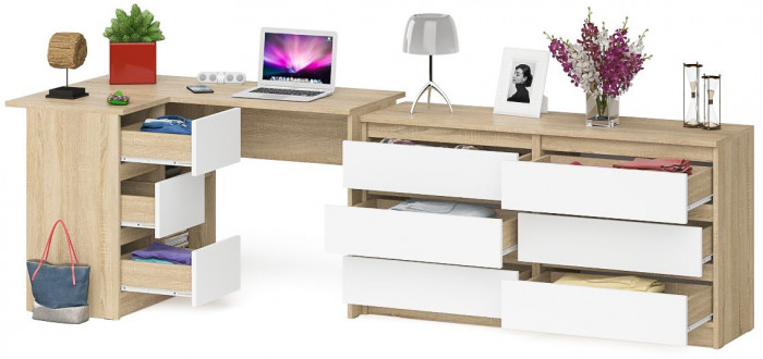 Мори Стол компьютерный МС-16 левый + Комод МК1380.6, цвет дуб сонома/белый, ШхГхВ 262,4х84,9х76,6 см., выдвижные ящики слев, НЕ универсальная сборкаа