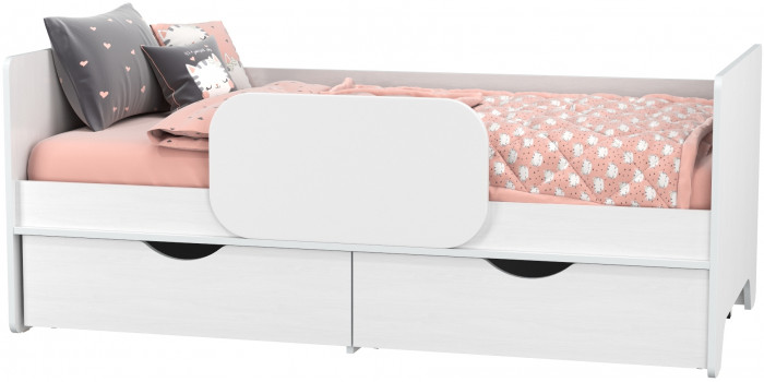 КР100 Уна 11.22 Кровать с ящиками, цвет белый(структура Поры дерева), ШхГхВ 163,8х87,6х65,3 см., 800х1600 мм., б/м, осн. есть, съёмный бортик