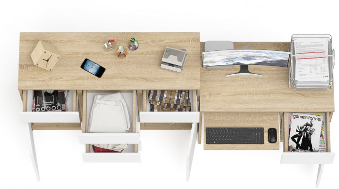 Мори компьютерный стол МС-1 правый + Комод МК1200.4, дуб сонома/белый