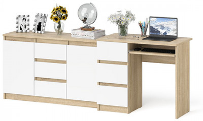 Мори Стол компьютерный МС-6 левый + Комод МК1200.3, цвет дуб сонома/белый, ШхГхВ 210,4х50х76,6 см., выдвижные ящики слева, НЕ универсальная сборка