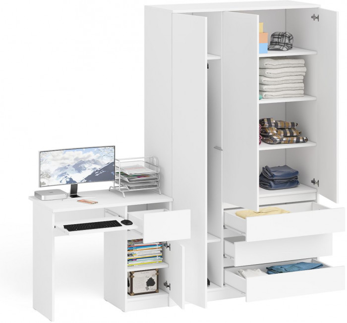 Мори Стол компьютерный МС-1 правый + Шкаф МШ1200.1, цвет белый, ШхГхВ 210,4х50,4х209,6 см., выдвижной ящик справа, НЕ универсальная сборка