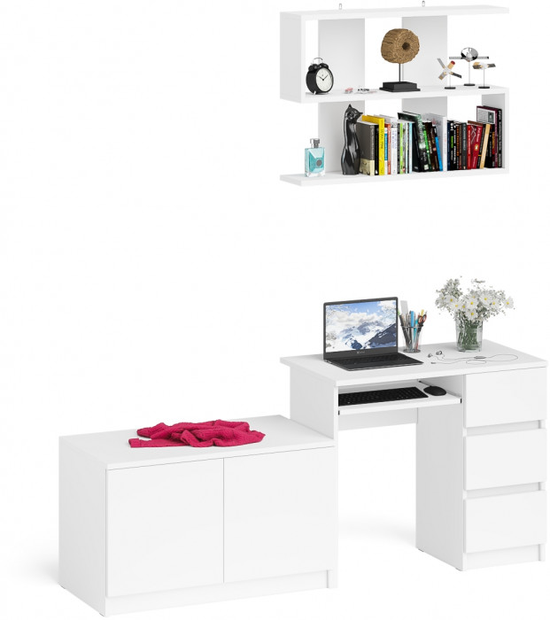 Мори Стол компьютерный МС-6 правый + Тумба МА900.1 + Полка 900, цвет белый, ШхГхВ 180,4х50,4х209,6 см., НЕ универсальная сборка