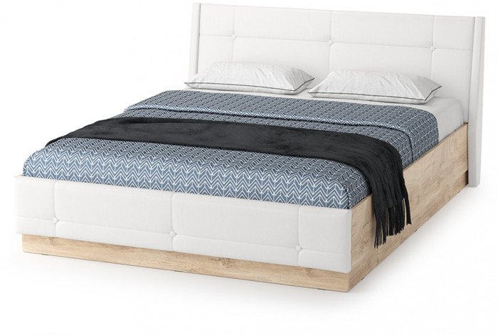 Муссон Кровать 11.28 + подъёмный ортопед + Комод 13.97 + Зеркало СВК, цвет белый/дуб эндгрейн элегантный/кожзам белый, сп. м. 1600х2000 мм., б/м