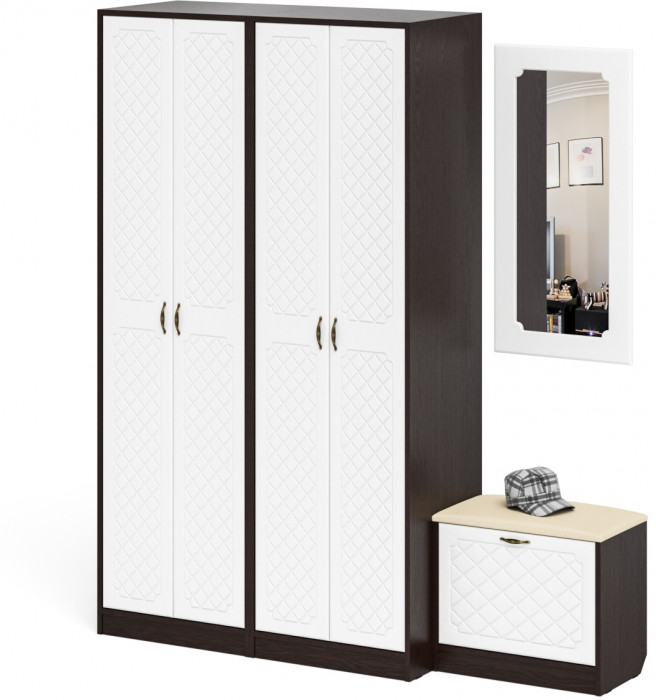 Прихожая П-6 Компоновка № 08, цвет венге/фасады МДФ белое дерево фрезеровка ромб, ШхГхВ 180х50х210 см., универсальная сборка