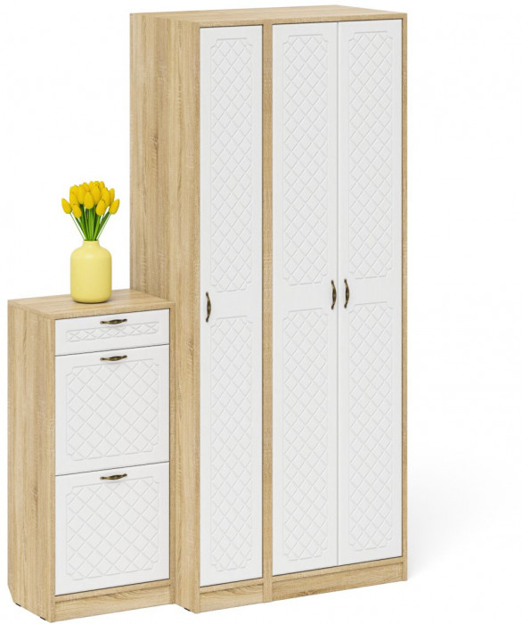 Прихожая П-6 Компоновка № 48, цвет дуб сонома/фасады МДФ белое дерево фрезеровка ромб, ШхГхВ 140х50х210 см., универсальная сборка