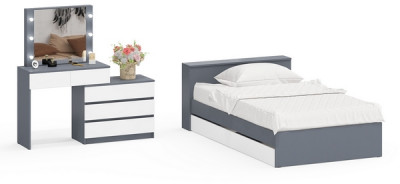 Ксения Кровать с ящиками 1200 + Стол косметический с подсветкой 110, графит/белый