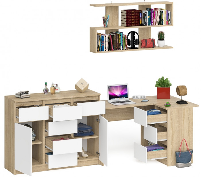 Мори компьютерный стол МС-16 правый + Комод МК1200.4 + Полка 1200, дуб сонома/белый