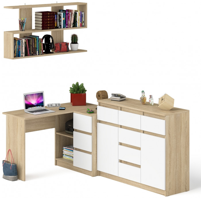 Мори компьютерный стол МС-16 правый + Комод МК1200.4 + Полка 1200, дуб сонома/белый