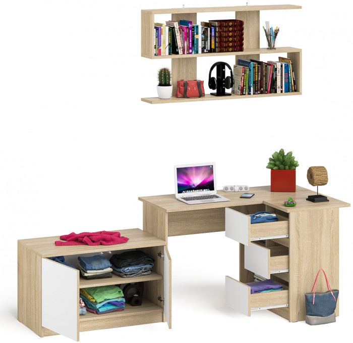 Мори компьютерный стол МС-16 правый + Тумба МА900.1 + Полка 1200, дуб сонома/белый