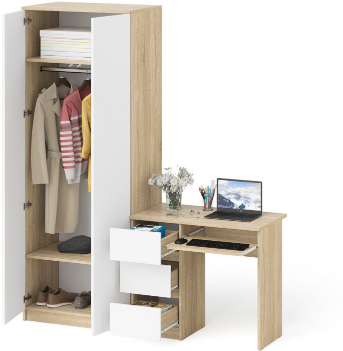 Мори компьютерный стол МС-6 левый + Шкаф МШ800.1, дуб сонома/белый